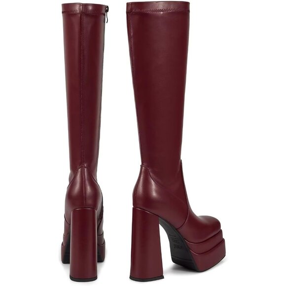 Matte Burgundy Platform Knee High Boots for Women, Chunky Heel, Zipper, Cosplay - Picture 4 of 7